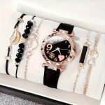 6PCS SET Women's Elegant Rhinestone Heart Quartz Watch Analog Pu Leather Wrist Watch & Bracelets Gift For Mom Her