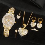 6PCS SET Women's Watch Luxury Rhinestone Quartz Watch Elegant Butterfly Analog Wrist Watch & Heart Jewelry Set Gift For Mom Her