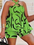 Plus Size Casual Outfits Set Women's Plus Abstract Print Cross Halter Neck Top & Shorts Outfits Two Piece Set