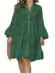 Hollow Ruffle Hem Dress Elegant Solid V Neck Flared Sleeve Dress Women's Clothing Wedding Graduation Engagement Occasion Ceremon