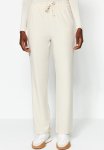 Straight Cut Elastic Waist Woven Trousers - Stone