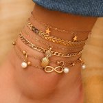 Infinity Pineapple Star Shape Chain Anklet Set With Faux Pearls Beads Stackable Ankle Bracelet Set 5PCS