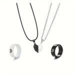2 Rings + 2 Necklaces Minimalist Style Couple Jewelry Trendy Heart Design Black & White Just Like U & Me Perfect Gift For Your