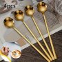 4PCS Long Golden Coffee Stirring Small Round Spoon Coffee Spoon Teaspoon Stainless Steel Long Handle Golden Spoon Round Spoon Dessert Spoon Stirring Golden Spoon