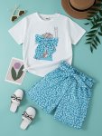 Girl's 2PCS Green Portrait Outfit T-Shirt Top + Belted Shorts Set Daily Holiday Two-piece Summer Clothes
