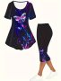 Plus Size Butterfly Print Two-piece Set Crew Neck Short Sleeve Top & Capri Pants Outfits Women's Plus Sizeclothing