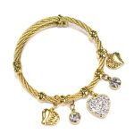 Gold Cable Cord Bracelet With Sparkling Heart Pendant & Crystal Charms