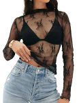 Merokeety Womens Mesh Sheer Lace Long Sleeve Tops 2026 See Through Mock Neck Shirt Fashion Blouses Date Night Outfit Clothes Bla