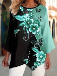 Plus Size Floral Print Top Casual Irregular Hem Crew Neck 3 4 Sleeve Top Women's Plus Sizeclothing