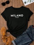 Milano Letter Print Crew Neck T-Shirt Casual Short Sleeve T-Shirt For Spring & Summer Women's Clothing