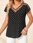 Polka Dot Contrast Mesh T-Shirt Elegant V Neck Short Sleeve Top For Spring & Summer Women's Clothing