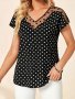 Polka Dot Contrast Mesh T-Shirt Elegant V Neck Short Sleeve Top For Spring & Summer Women's Clothing