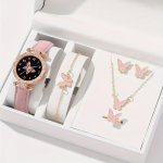 Elegant Butterfly-themed Quartz Wrist Watch And Jewelry Set 6-PIECE Gift Set Round Zinc Alloy Case With Pu Leather Band Analog D