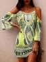 Boho Style Cold Shoulder Dress Casual Flare Sleeve Spaghetti Strap Dress For Vacation Women's Clothing
