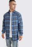 Oversized Grid Check Distressed Shirt - Blue