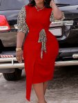 Plus Size Leopard Print Splicing Dress Casual Crew Neck Half Sleeve Tie Waist Dress Women's Plus Size Clothing