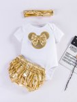 3PCS Baby Girls Cute 3D Bowknot Pattern Short Sleeve Onesie & Shorts & Headband Set Clothes
