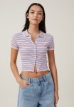 Cotton On Short Sleeve Rib Button Polo - Blue Stripe