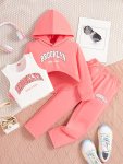 3PCS Brooklyn Print Outfits Girls Hoodies + Tank Top + Jogger Pants Set Sports Spring Fall