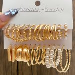 12 Pairs Set Of Tiny Hoop Earrings Zinc Alloy Jewelry Twisted Imitation Pearl Design Simple Vintage Style Pretty Female Gift
