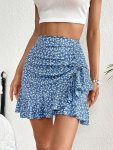 Floral Print Ruffle Hem Skirt Vacation Style Bodycon Drawstring High Waist Skirt For Spring & Summer Women's Clothing
