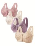 4-PACK Front Clasp Wireless Bras Mature Style Floral Light Padded Comfortable Breathable Underwear With Beautiful Back Design