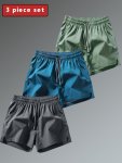 3 Pcs Men's Solid Shorts With Zipper Pockets Casual Elastic Waist Drawstring Shorts For Summer