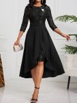 Solid Elegant Two-piece Set Ruffle Trim High Waist Skirts & Contrast Lace Party Dress Outfits Women's Clothing