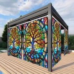 Waterproof Outdoor Patio Curtain With Colorful Tree Of Life Design - Round Window Sunshade Durable Polyester Machine Washable -
