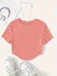 Solid Ribbed Crop T-Shirt Casual Crew Neck Short Sleeve Top Women's Clothing