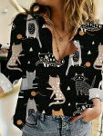 Cartoon Print Button Front Shirt Casual Long Sleeve Cardigan For Spring & Fall Women's Clothing