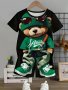 Baby Boys Hip Hop Bear Pattern Cool Outfit Short Sleeve T-Shirt & Pants Set 2PCS Infants Trendy Casual Summer Outerwear