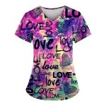 Scrubs For Women V Neck Short Sleeve Printed Tops Cartoon Pattern Plus Size Nursing With Pockets Multi 4XL