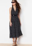 Belt Polka Dot Chiffon Lining Waist Opening Midi Woven Dress - Black