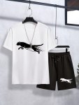 Trending Minimalist Speeding Leopard Silhouette Print 2PCS Boys Short-sleeved Round Neck T-Shirt & Shorts Co-ord Set Cool Casual