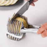 1PC Tomato Lemon Slicer Holder Round Fruits Onion Shredder Cutter Guide Tongs With Handle Stainless Steel Kitchen Cutting Potato