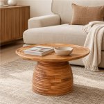 Ribbed Acacia Wood Round Coffee Table