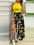 Elegant Slim Summer Two-piece Pants Set Sleeveless Hollow Crop Top & Floral Print Split High Waist Pants Outfits Women's Clothin