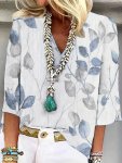 Plant Print 3 4 Sleeve Blouse Casual V Neck Versatile Blouse Women's Clothing