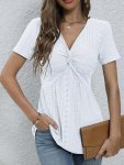 Twist V Neck Eyelet Top Elegant Short Sleeve T-Shirt For Spring & Summer Women's Clothing