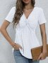 Twist V Neck Eyelet Top Elegant Short Sleeve T-Shirt For Spring & Summer Women's Clothing