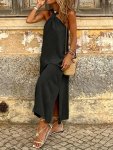 Tucked Halter Neck Loose Dress Casual Slit Hem Sleeveless Dress For Spring & Summer Women's Clothing