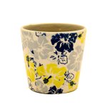 Ceramic Pot Planter - Yellow Blue And Grey Flowers