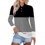 Polo Shirts For Womens V Neck Lapel Long Sleeve Tops With Collar Button Fall Loose Golf Casual Business Tunic BLOUSES1-BLACK Lar