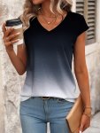 Gradient Color V Neck T-Shirt Casual Short Sleeve Top For Spring & Summer Women's Clothing