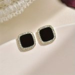 Elegant Black Square Stud Earrings With Sparkling Rhinestones - 925 Silvery Post Vintage-inspired Fashion Jewelry For Women