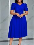 Solid Color Surplice Neck Dress Elegant Short Sleeve A-line Zipper Dress For Spring & Summer Women's Clothing
