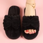 Women's Bow Plush Home Slippers Cozy & Warm Open Toe Soft Sole Shoes Solid Color Indoor Floor Slippers