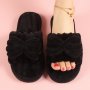 Women's Bow Plush Home Slippers Cozy & Warm Open Toe Soft Sole Shoes Solid Color Indoor Floor Slippers