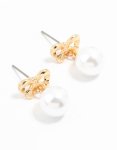 Goldair Gold Pearl & Bow Drop Stud Earrings
